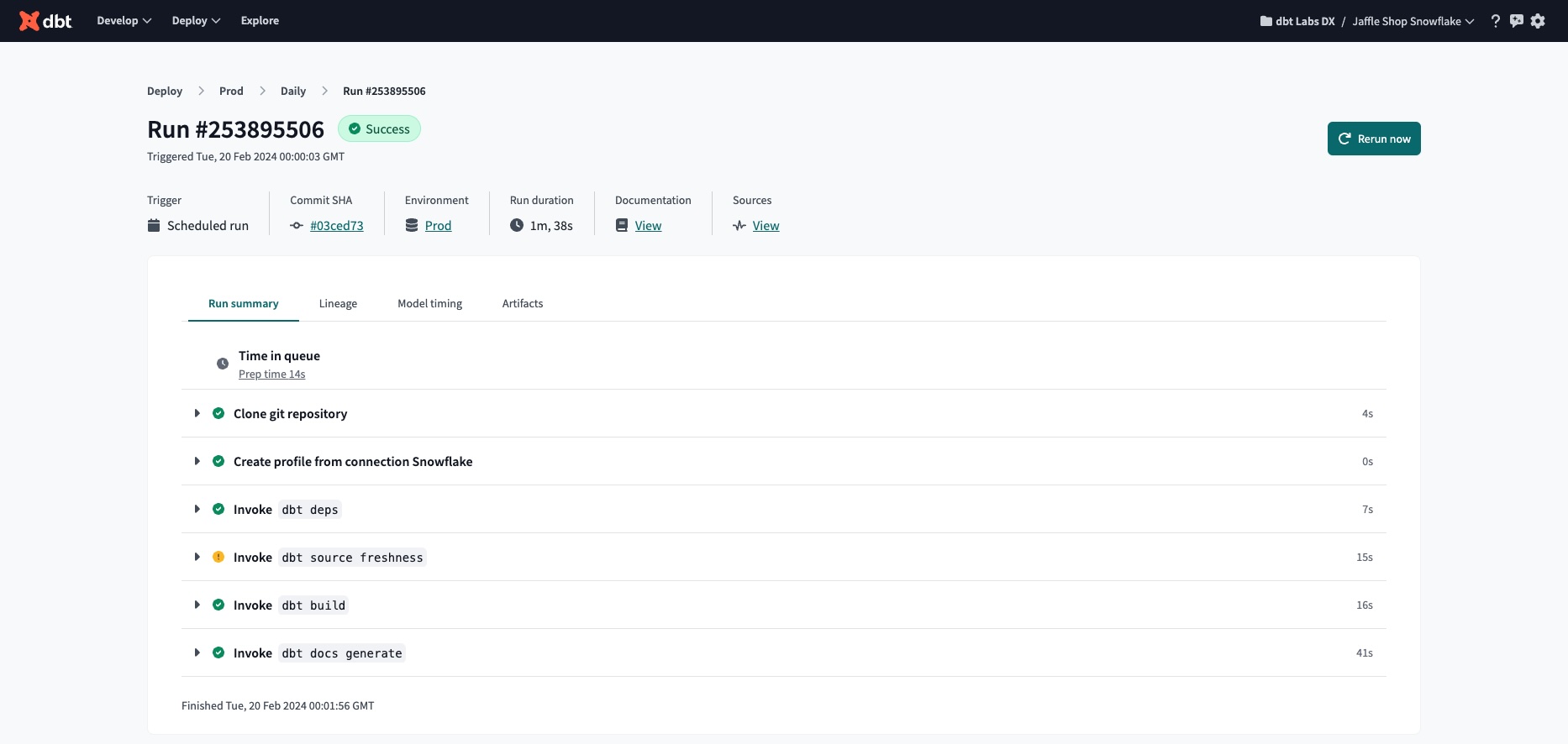 An overview of a dbt Cloud job run which contains Run Summary, Job Trigger, Run Duration, and more.